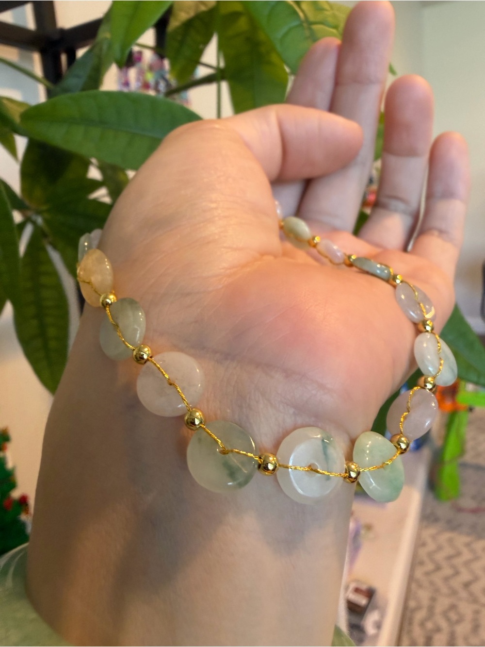Natural Grade A Burmese Jade Bracelet  with colorful donut shaped jade